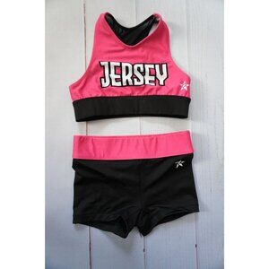 REBEL Girls Cheerleading Sports Bra & Short Set "JERSEY" (Pink/Black, Size YM)